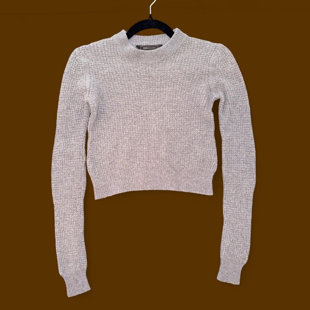 BCBGMAXAZRIA Women's XS Gray Textured Knit Cropped Sweater Long Sleeve